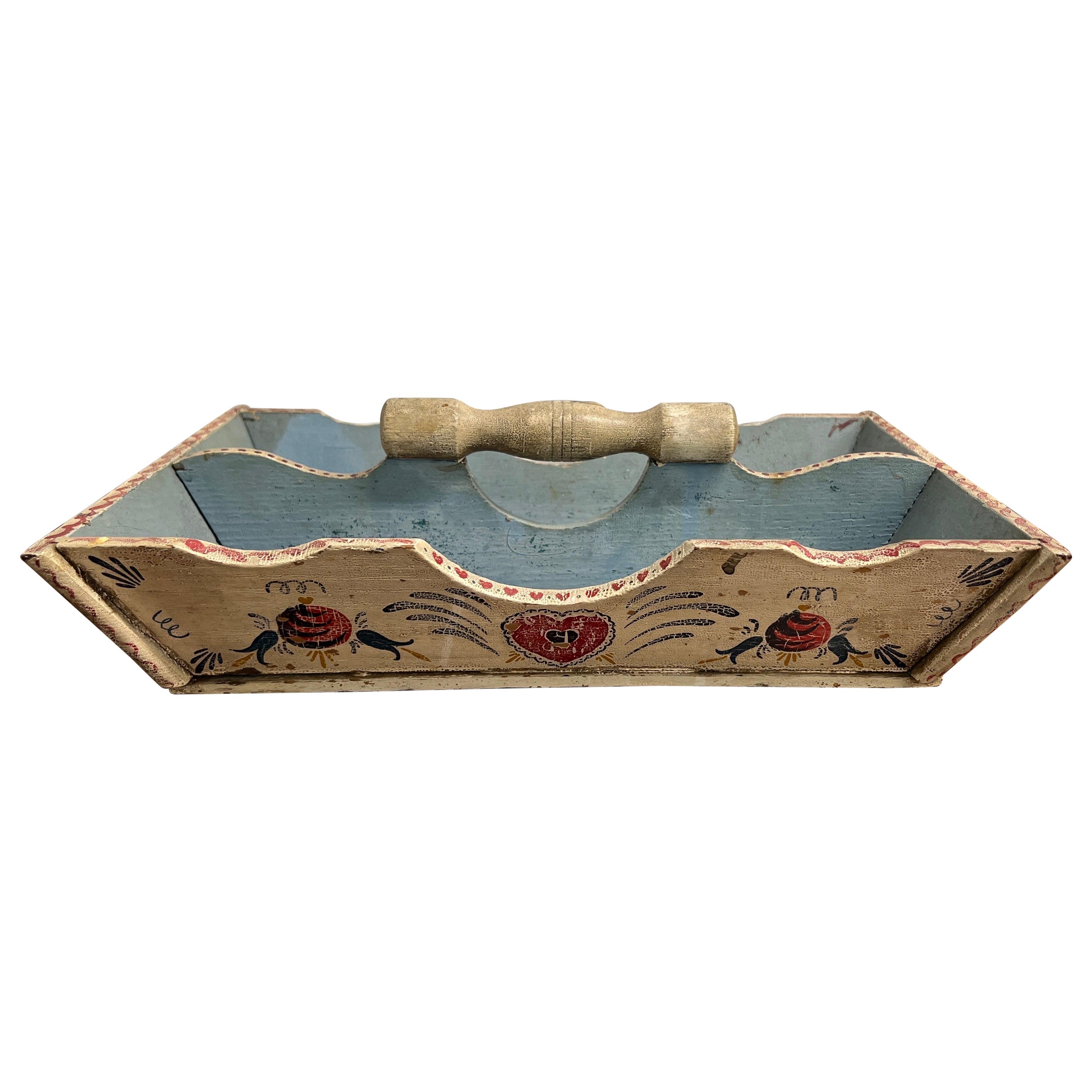  Fantastic American Paint Decorated Folk Art Cutlery Tray - Circa 1845 For Sale