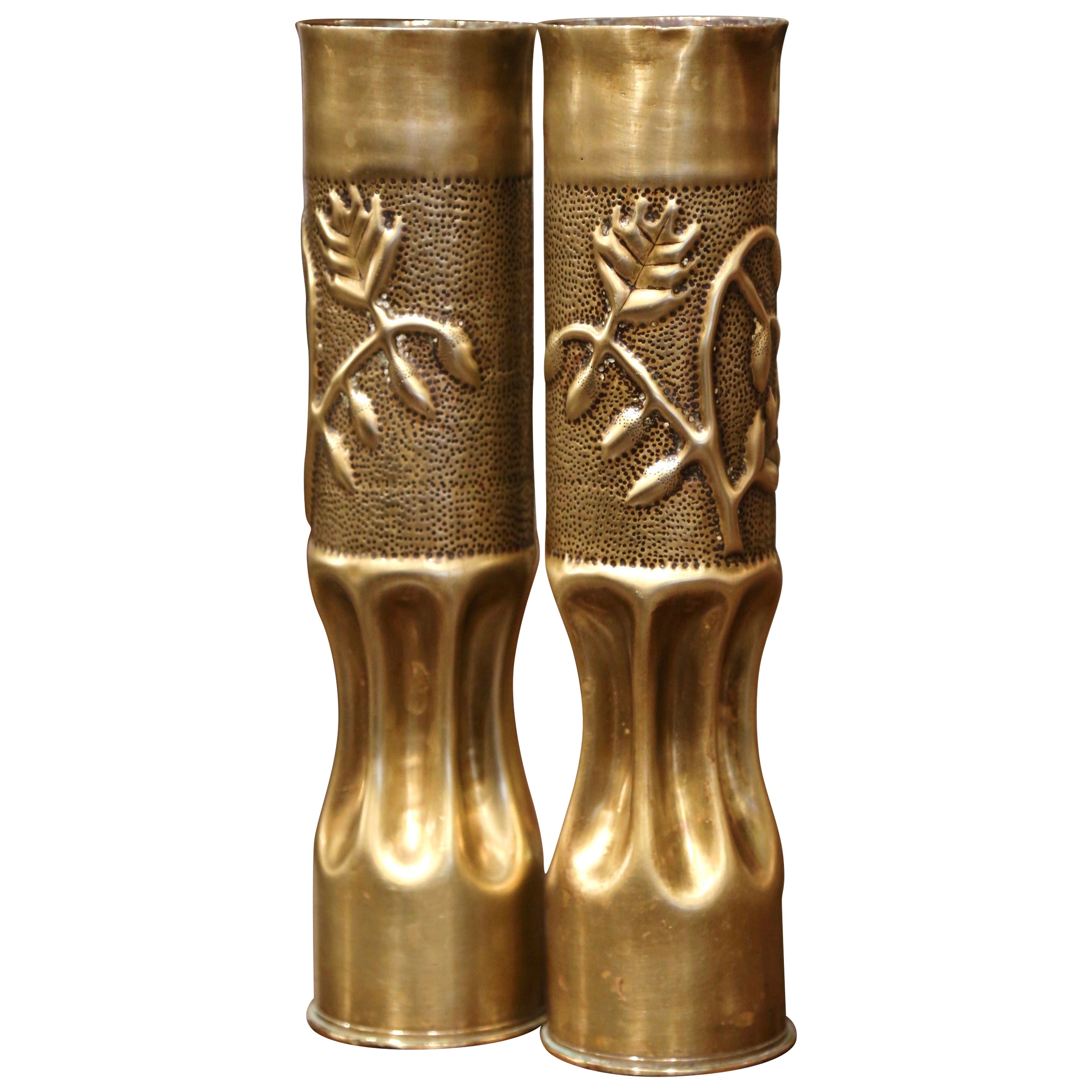 Pair of WW One French Trench Artillery Brass Shell Casings with Foliage Motifs For Sale