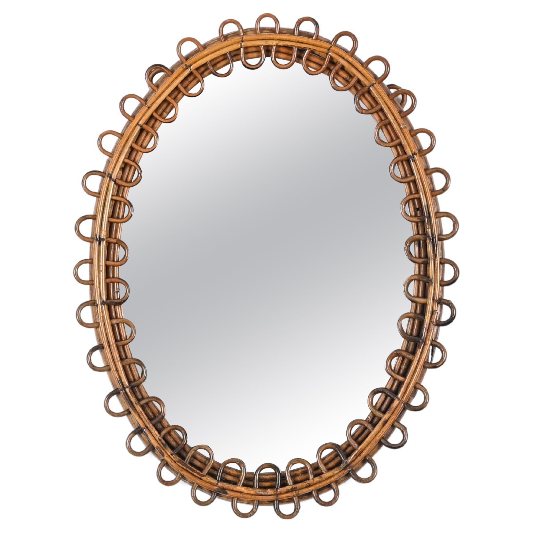 Midcentury French Riviera Oval Mirror in Rattan and Bamboo, Italy 1960s