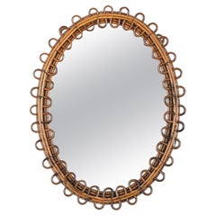 Midcentury French Riviera Oval Mirror in Rattan and Bamboo, Italy 1960s