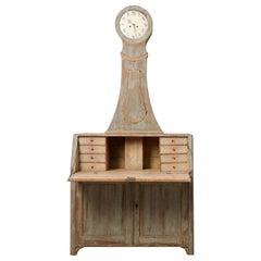 Rare Northern Swedish Antique Pine Secretary Clock Desk