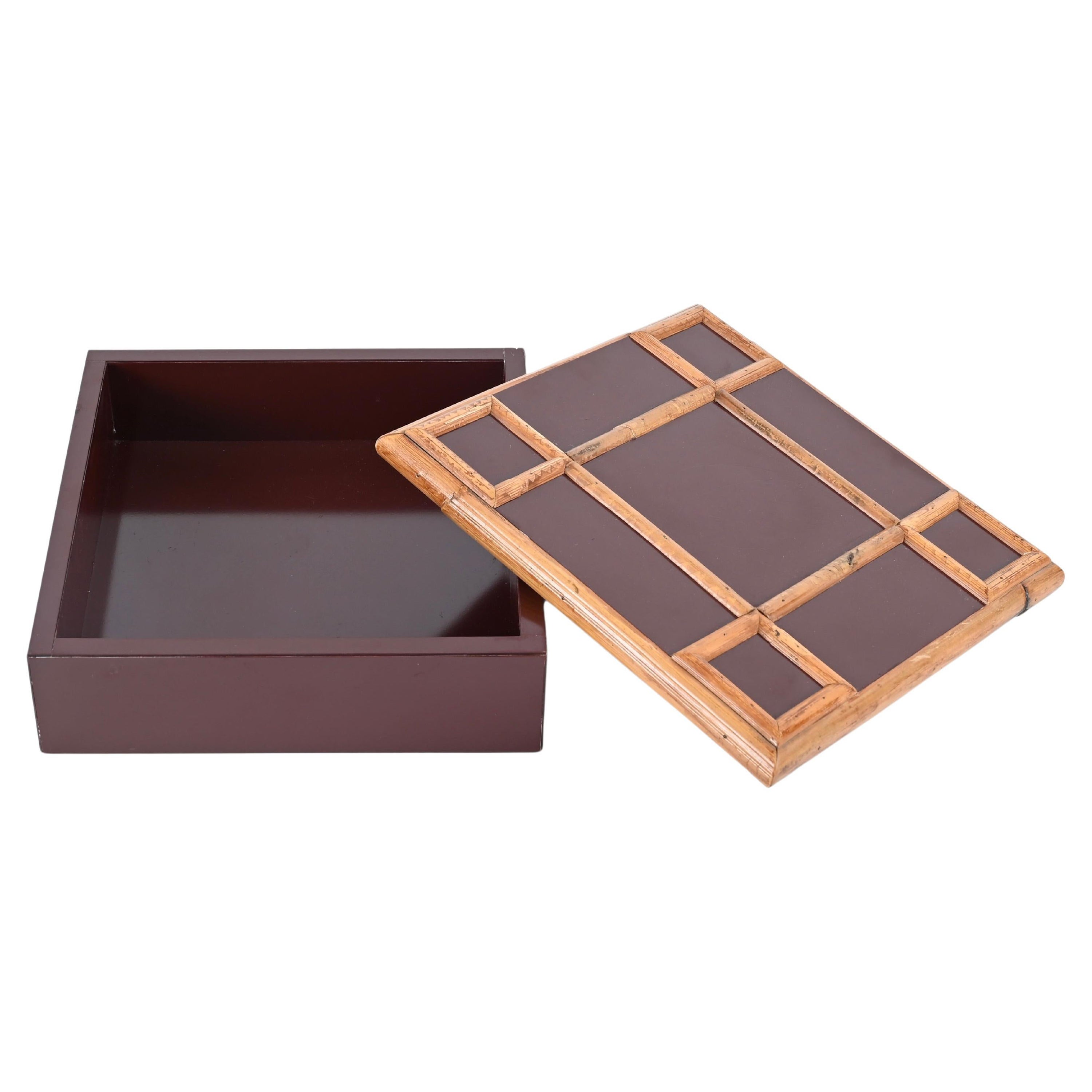 Bordeaux Bakelite and Bamboo Square Italian Decorative Box, Tommaso Barbi 1980s For Sale