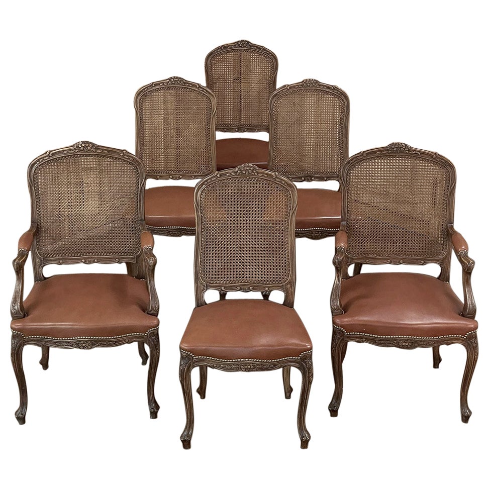 Set of 6 Antique French Louis XV Fruitwood Dining Chairs includes 2 Armchairs For Sale