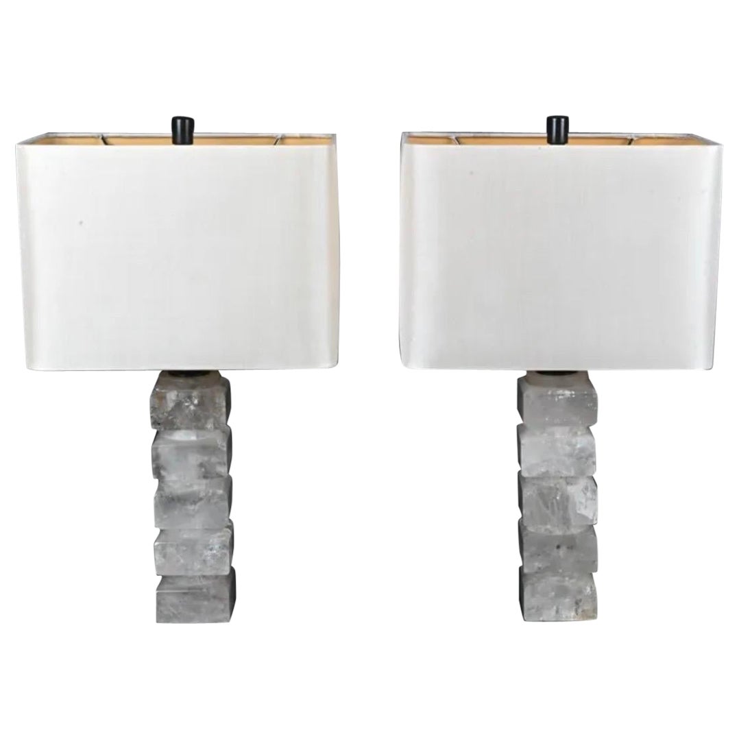 Beautiful Pair Mid Century Modern Transitional Stack Rock Crystal Column Lamps 