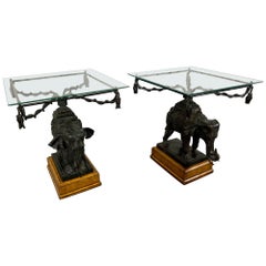 Elefante de Bronce Montado en Base de Cuero Mesa Auxiliar