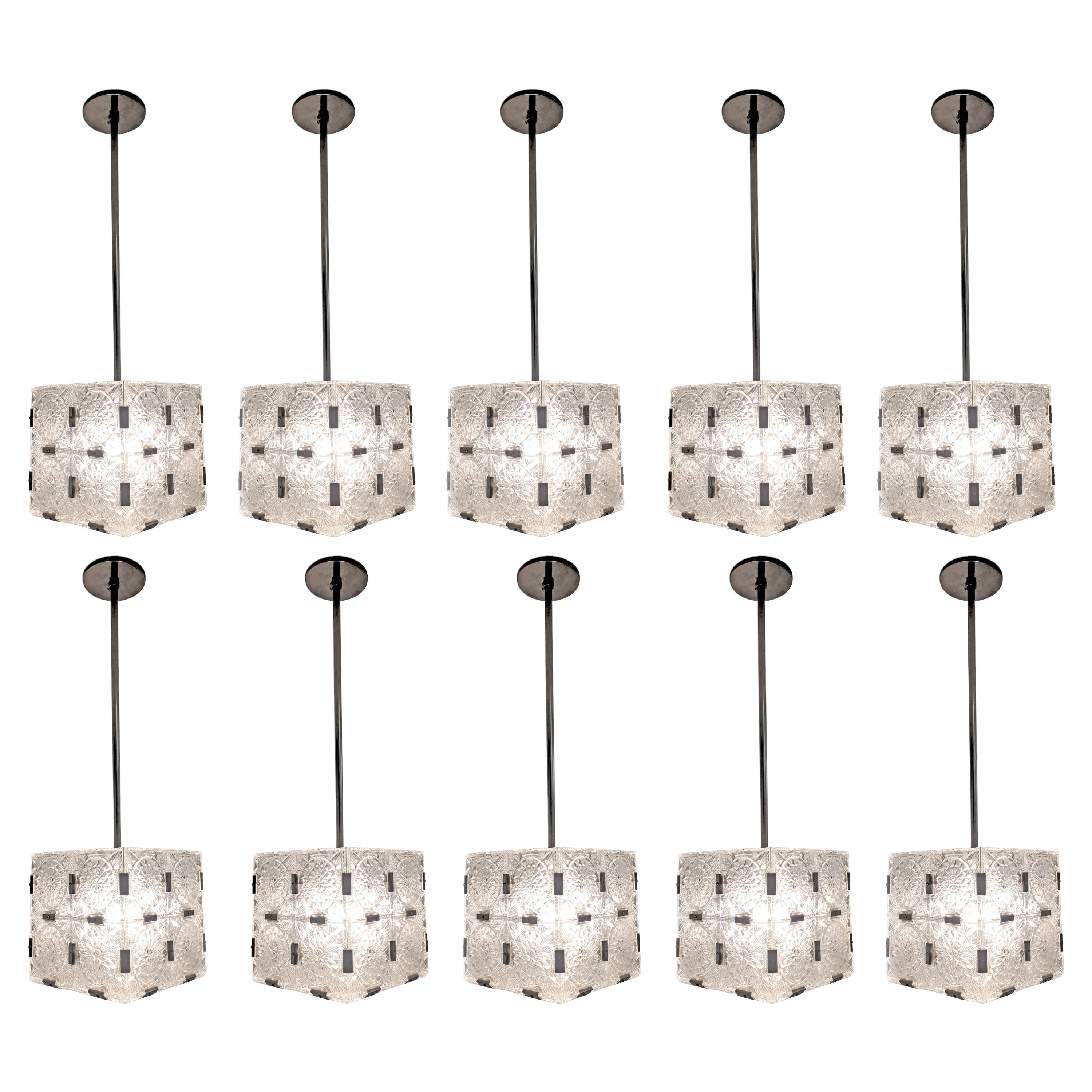 Set of Ten Original Box Cube Pendant Lights, Glass with Nickeled Clips For Sale