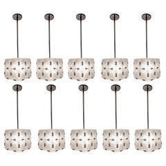 Vintage Set of Ten Original Box Cube Pendant Lights, Glass with Nickeled Clips