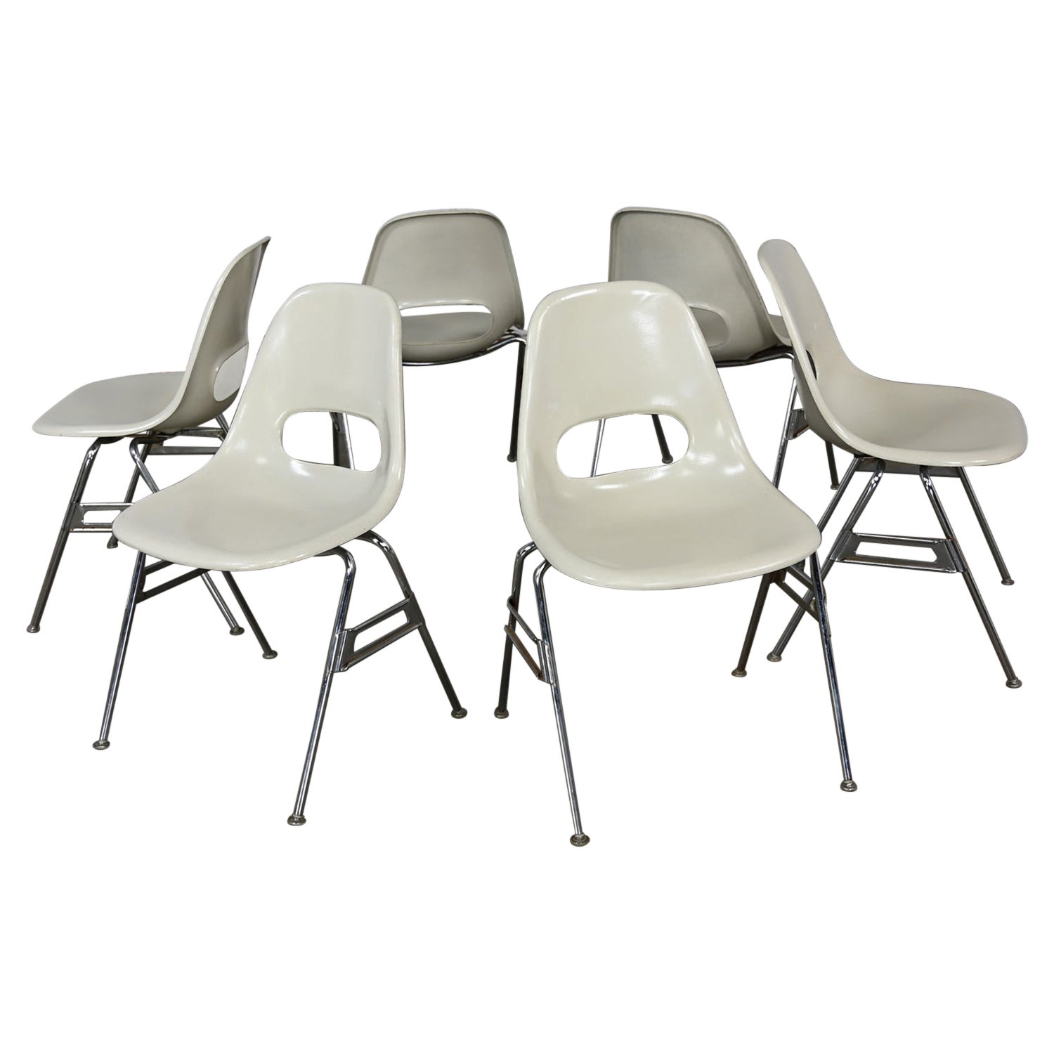 1960-70’s MCM Krueger International White Fiberglass & Chrome Stacking Chairs 6 For Sale