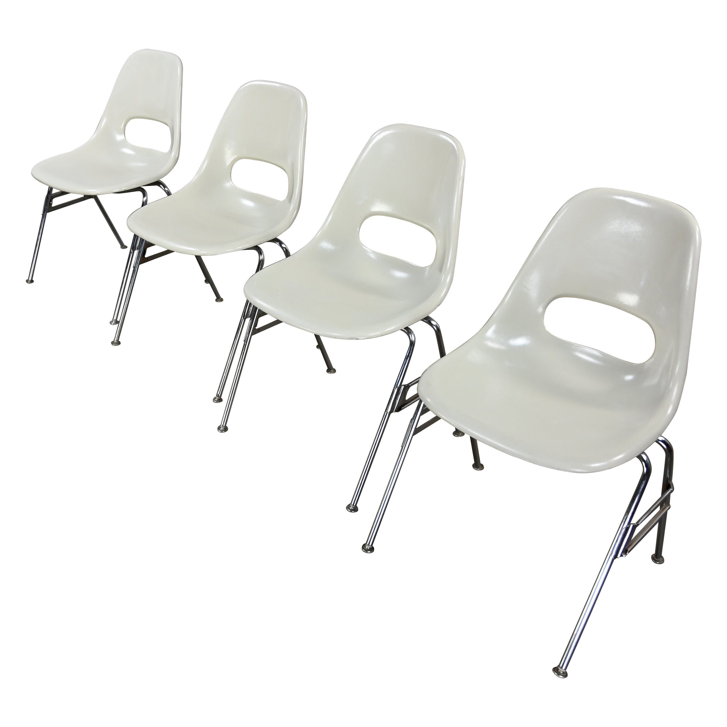 1960-70’s MCM Krueger International White Fiberglass & Chrome Stacking Chairs 4 For Sale