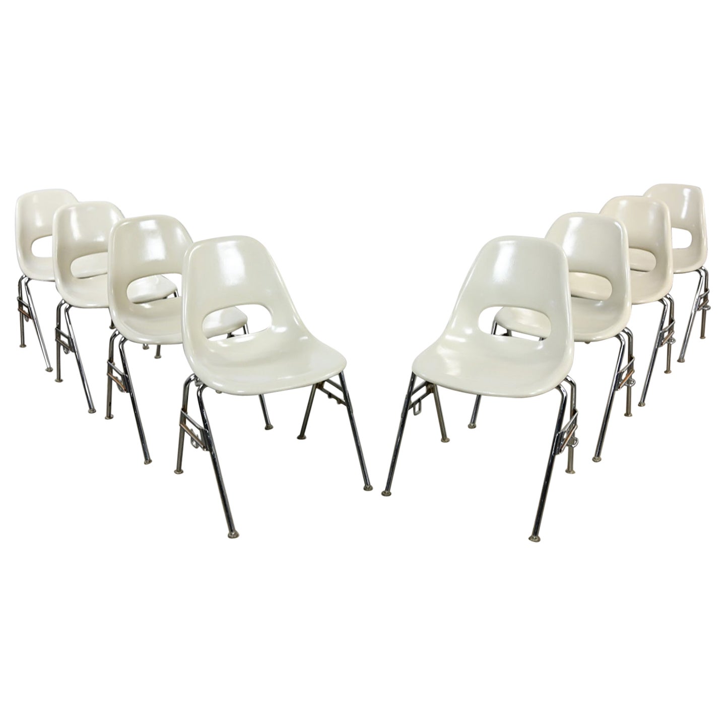 1960-70’s MCM Krueger International White Fiberglass & Chrome Stacking Chairs 8 For Sale