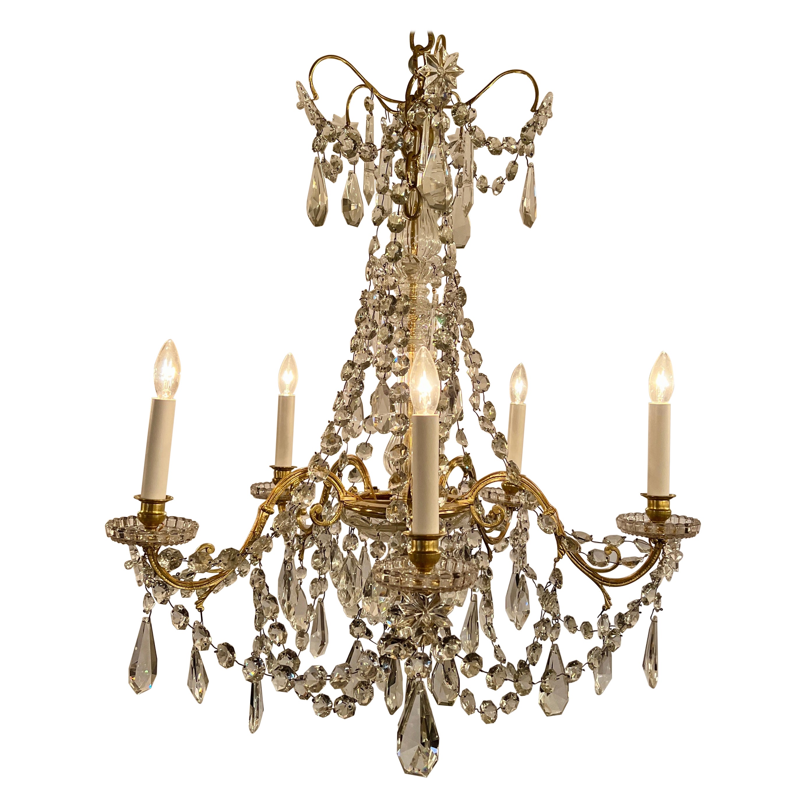 Antique French Gold Bronze and Baccarat Crystal Chandelier, Circa 1890-1900.