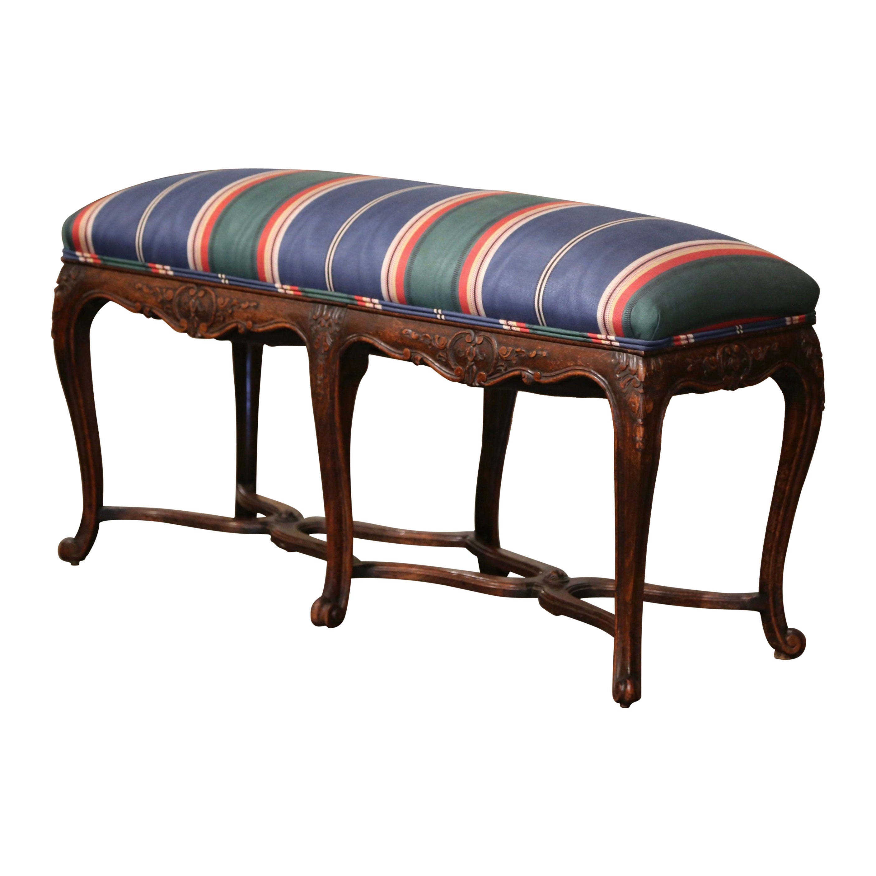 Early 20th Century French Louis XV Carved Walnut Six-Leg Upholstered Bench 
