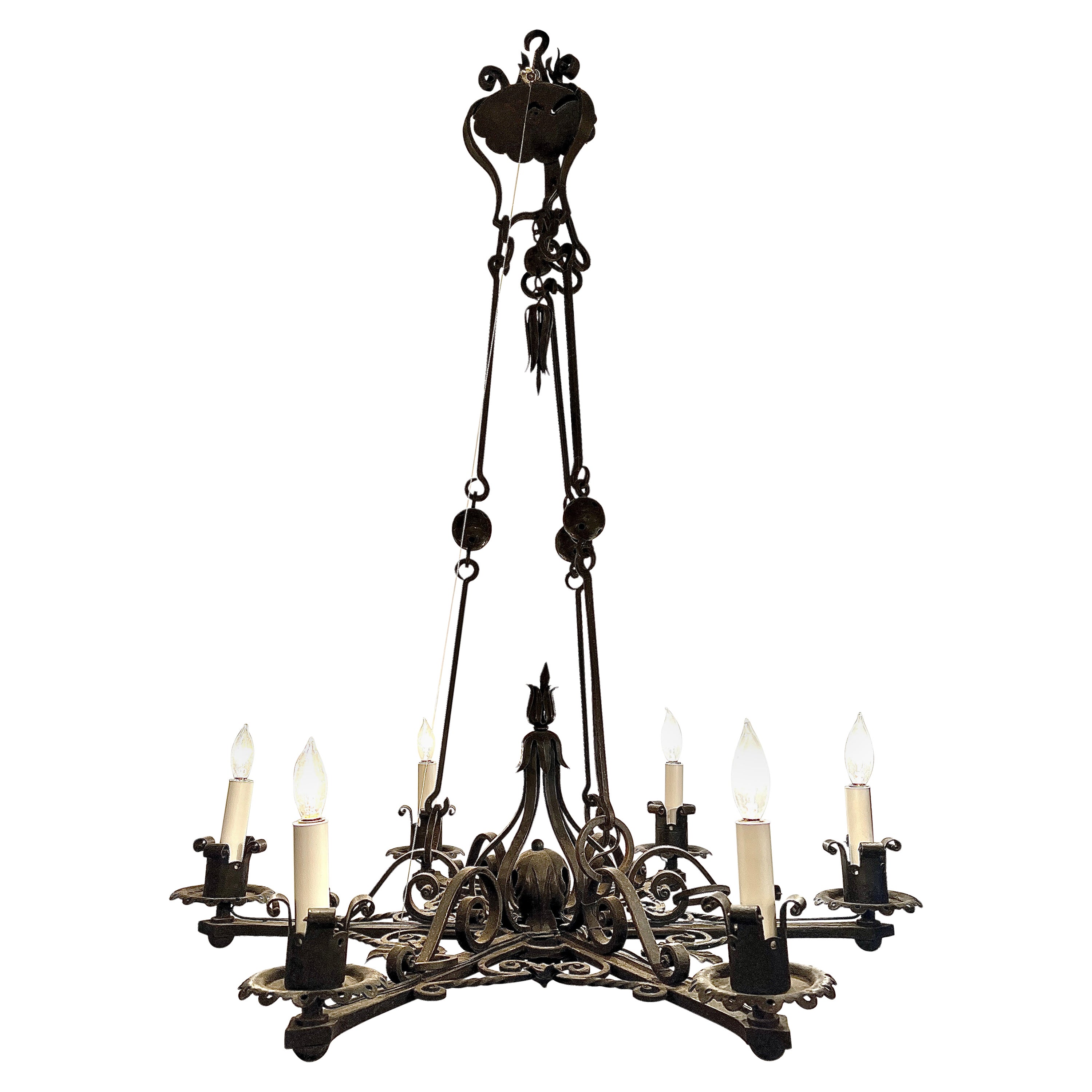 Antique French Wrought Iron Chandelier, Circa 1900-1910. For Sale