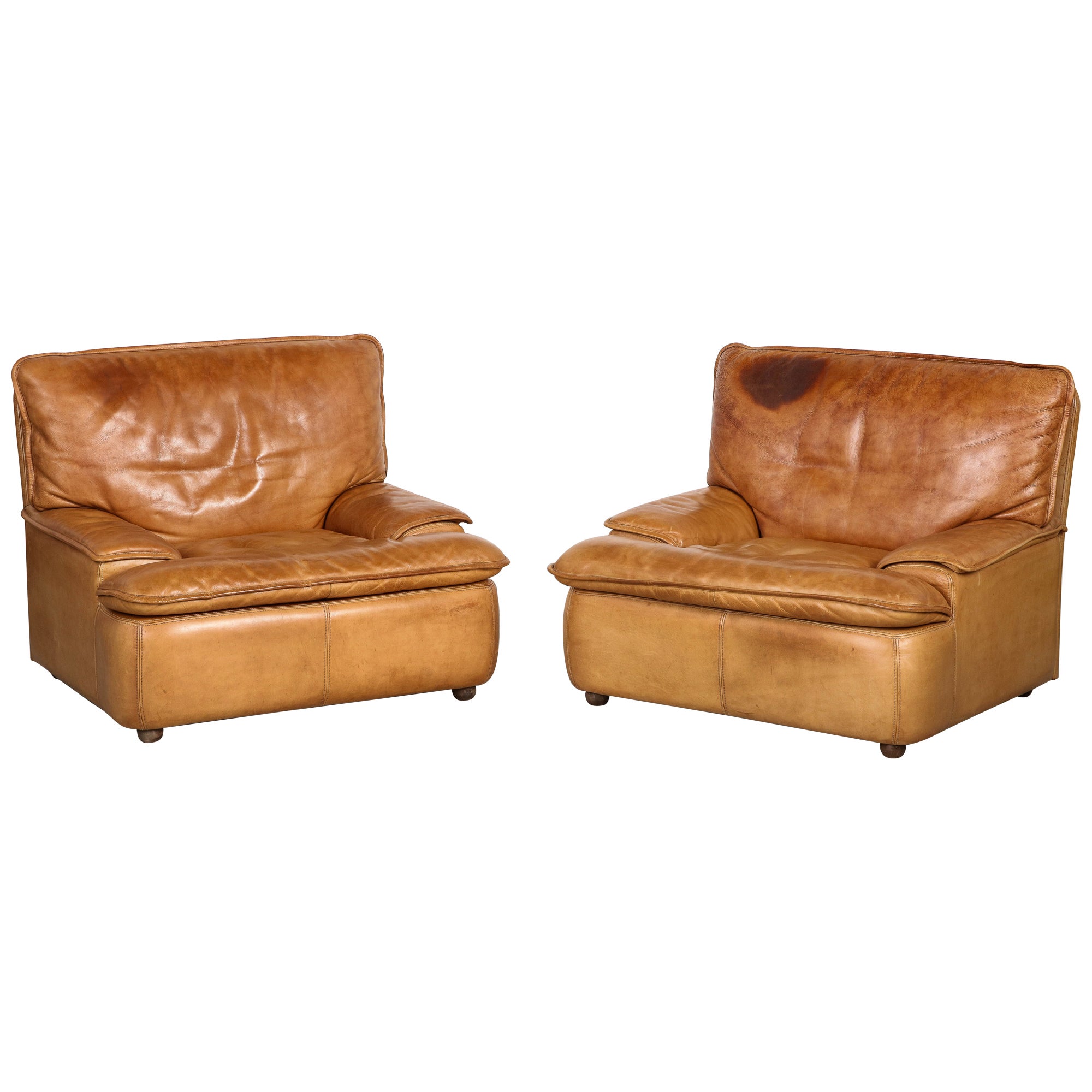 Pair of Belgian Leather Lounge Chairs, circa 1970  For Sale