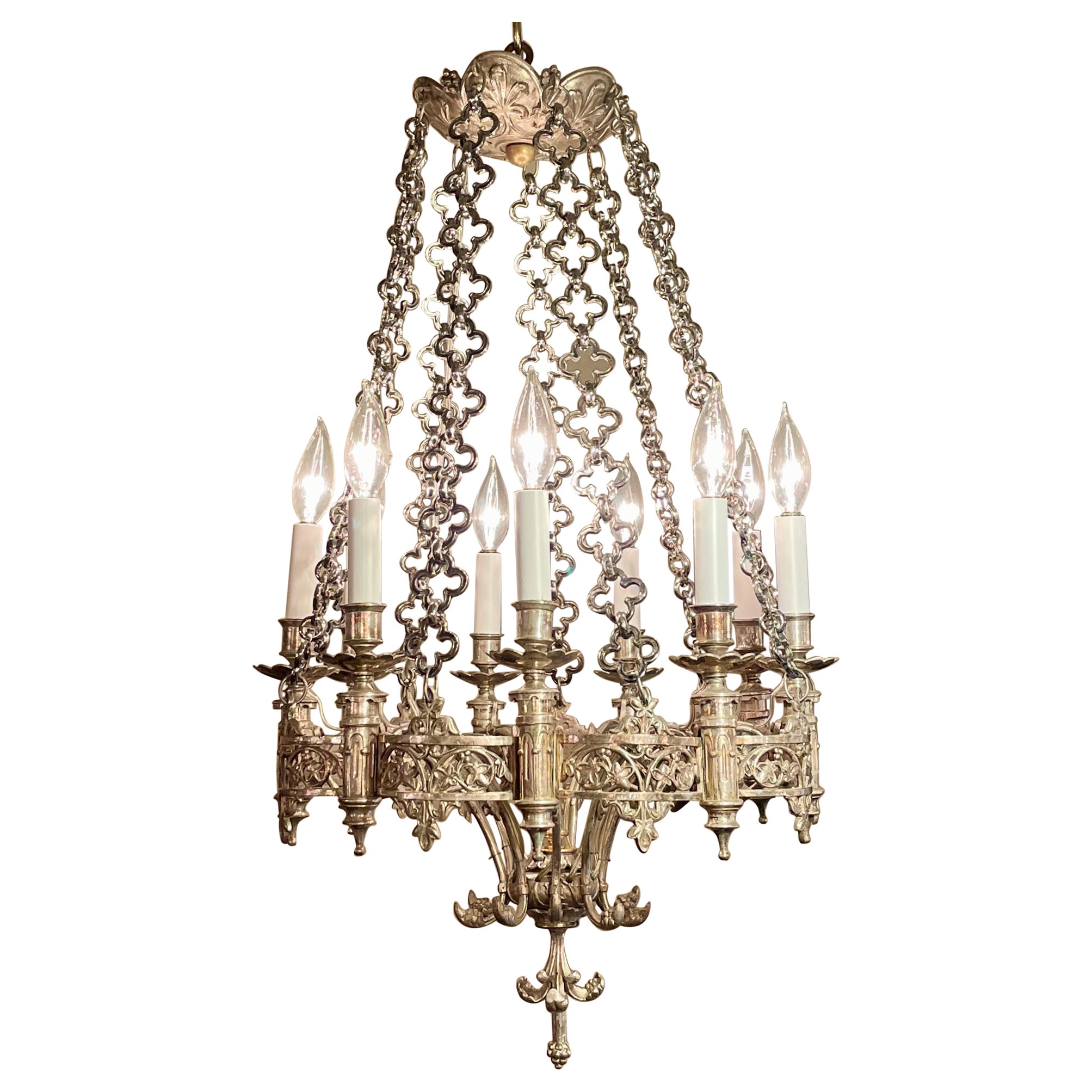 Antique French Louis XIII Style Silvered Bronze 9 Light Chandelier, Circa 1890's For Sale