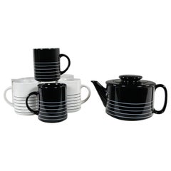 1982 Modern Copco Black & White Glazed Ceramic Teapot & 4 Mugs by Sam Lebowitz 