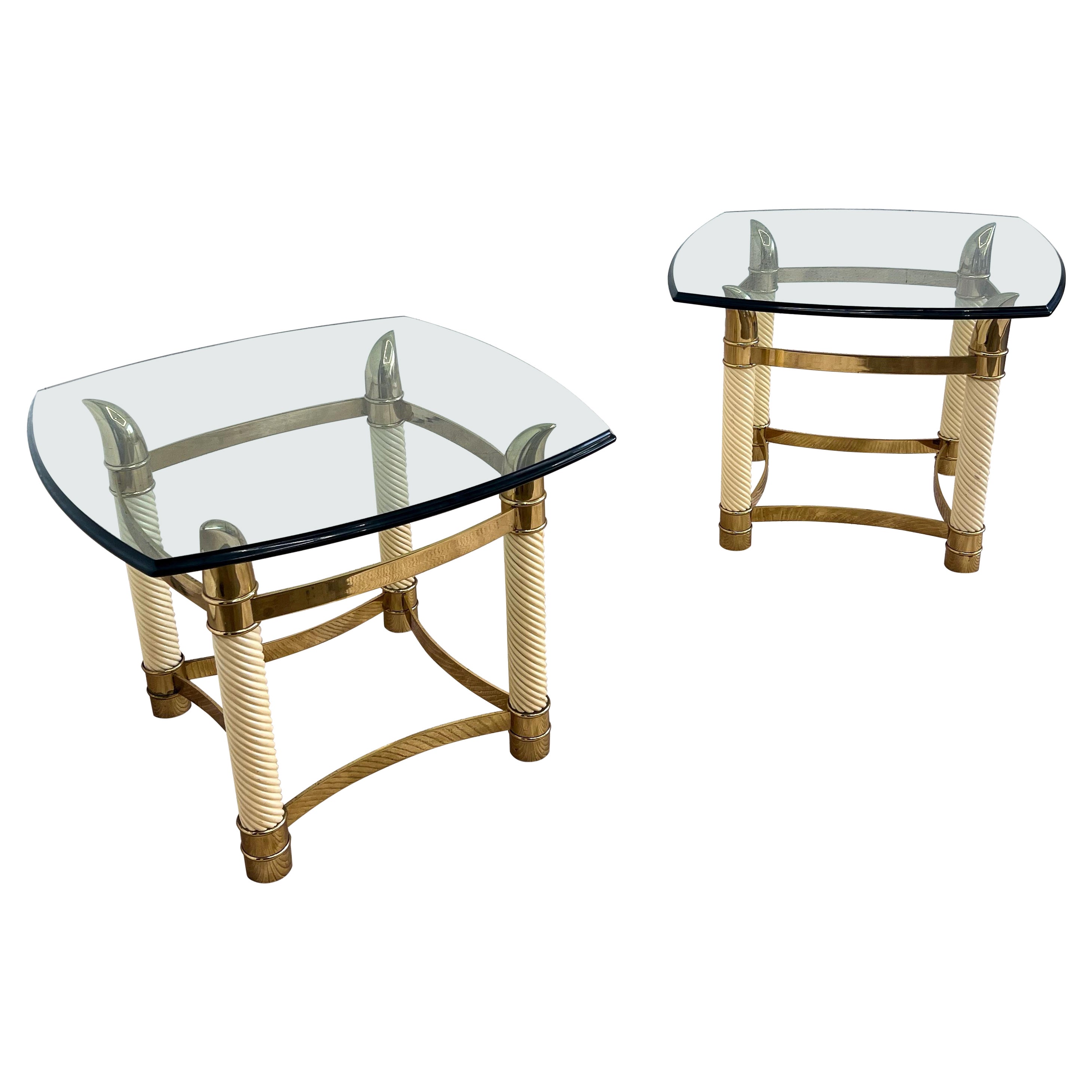 Pair of 1970s Faux Elephant Tusk Side Table in Brass and Faux Horn in the style  For Sale