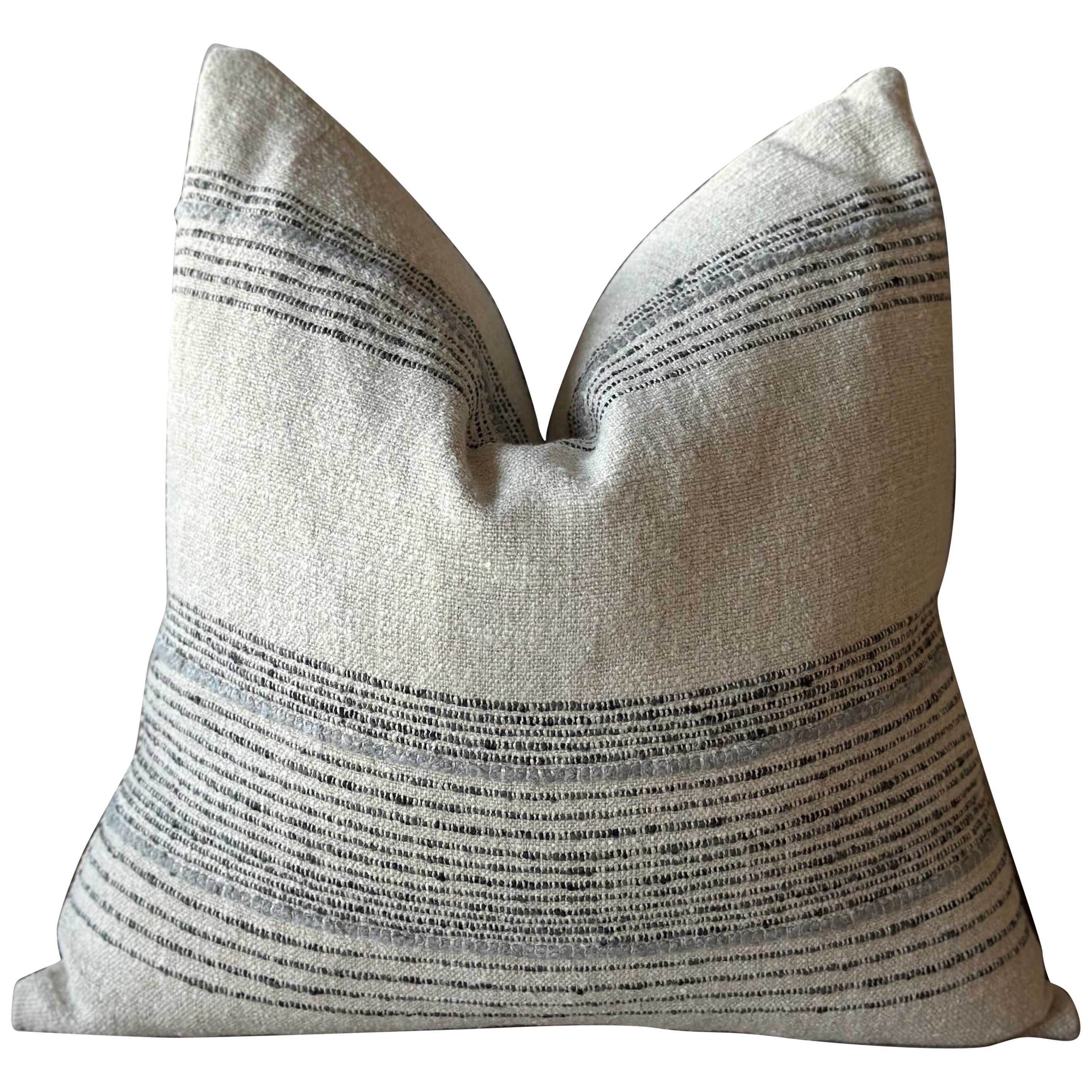 Woven Belgian Linen and Wool Stripe Accent Pillow with Down Insert For Sale