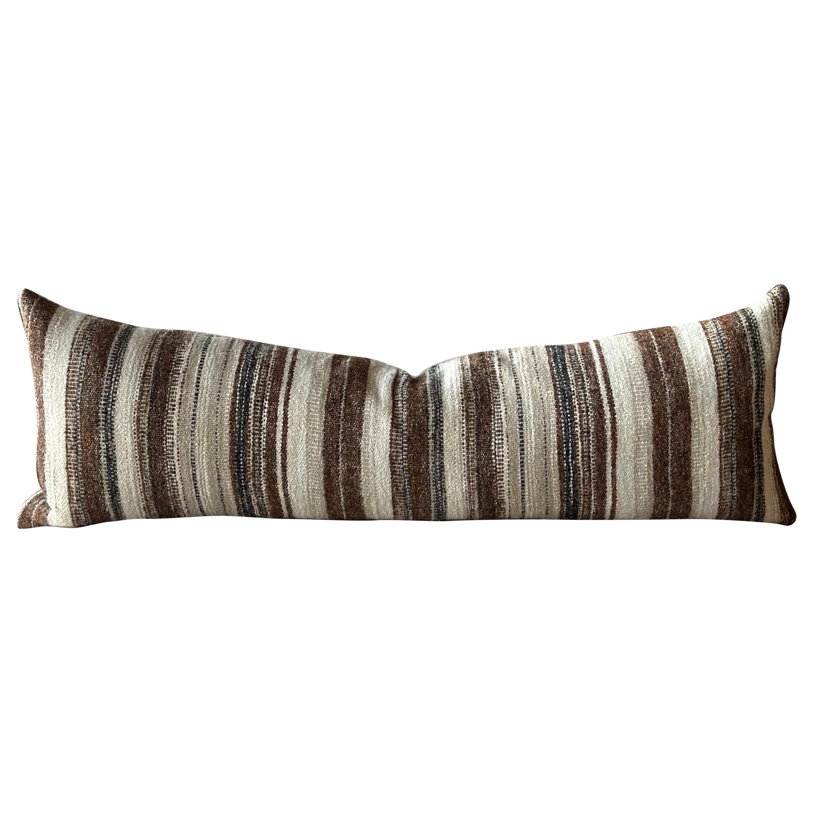 Woven Belgian Linen and Wool Stripe Lumbar Pillow with Down Insert For Sale