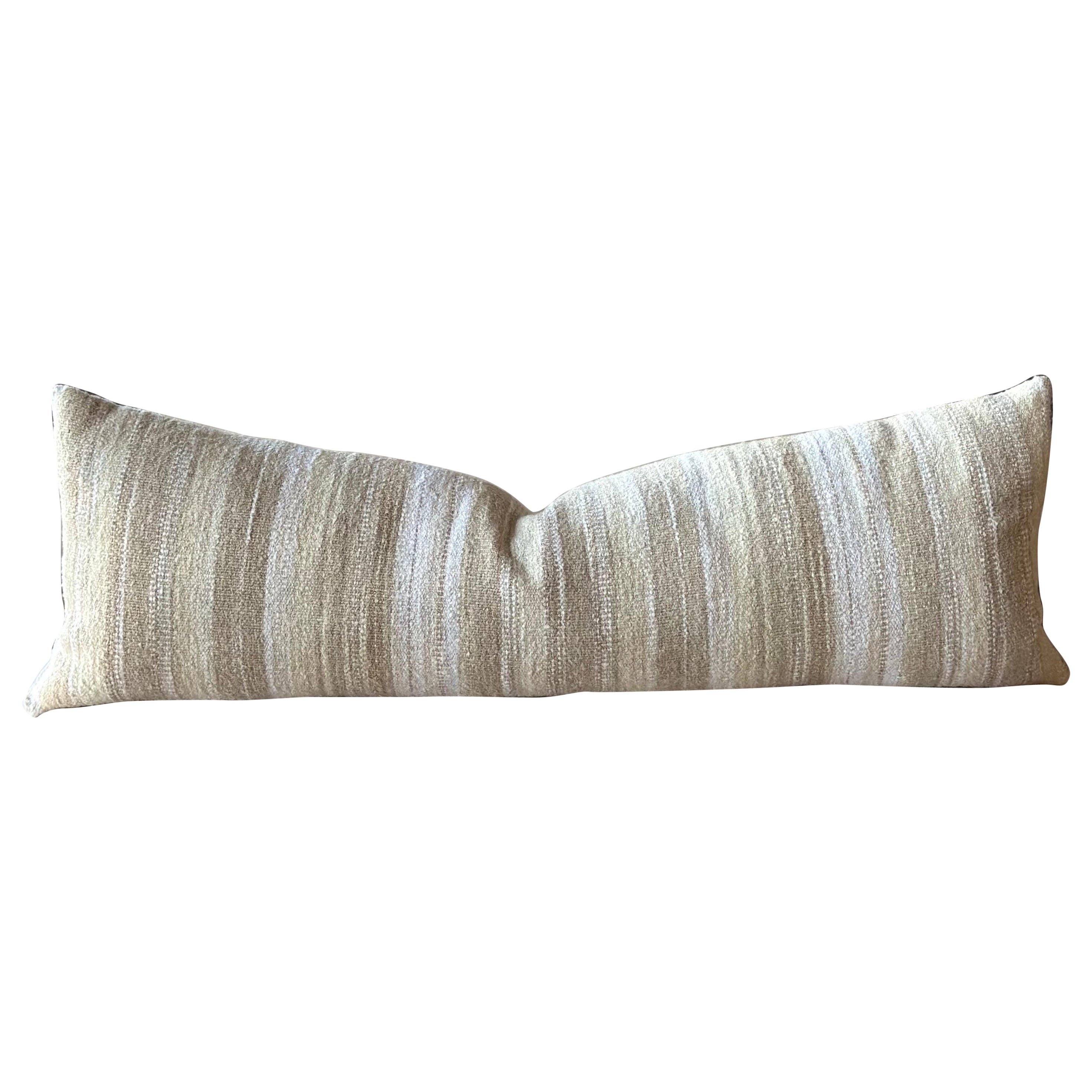 Woven Belgian Linen and Wool Stripe Lumbar Pillow with Down Insert For Sale