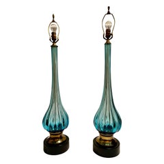 Pair of Mid Twentieth Century Seguso Murano blue glass lamps by Marbro