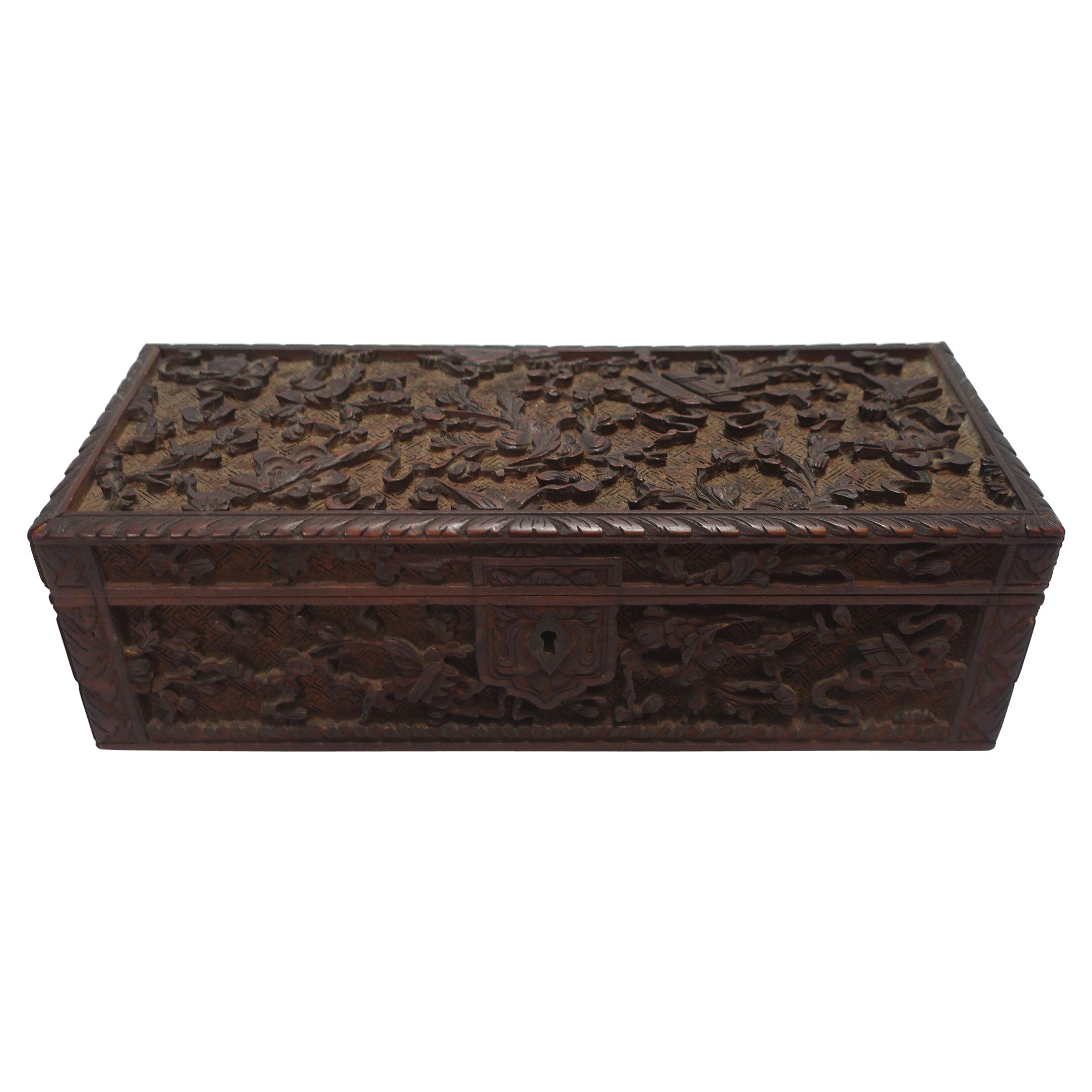 Antique Chinese Elaborately Relief Carved Glove Box W/ Original Hinges and Lock For Sale