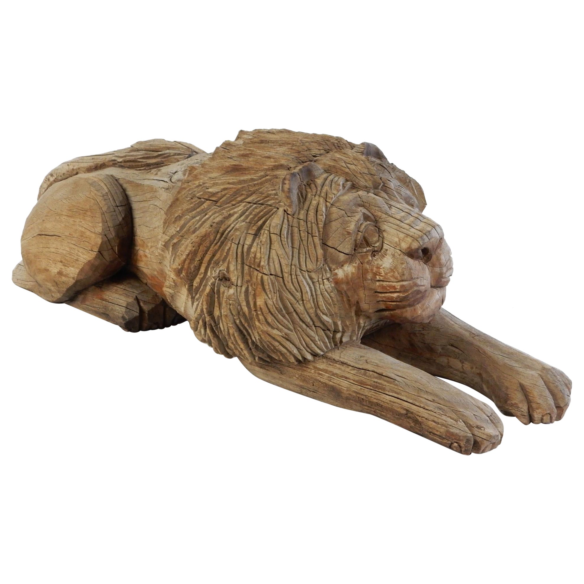 1920's Century Carved Laying Lion Guardian Folk Art Wood Sculpture
