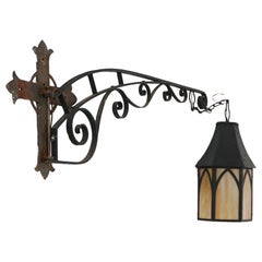Antique Large Gothic Arts & Crafts Hammered Wrought Iron Church Light & Boom