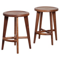 Antique Handcrafted Solid Wood Bar or Counter Stools, Walnut - (Set of 2) Ready to Ship