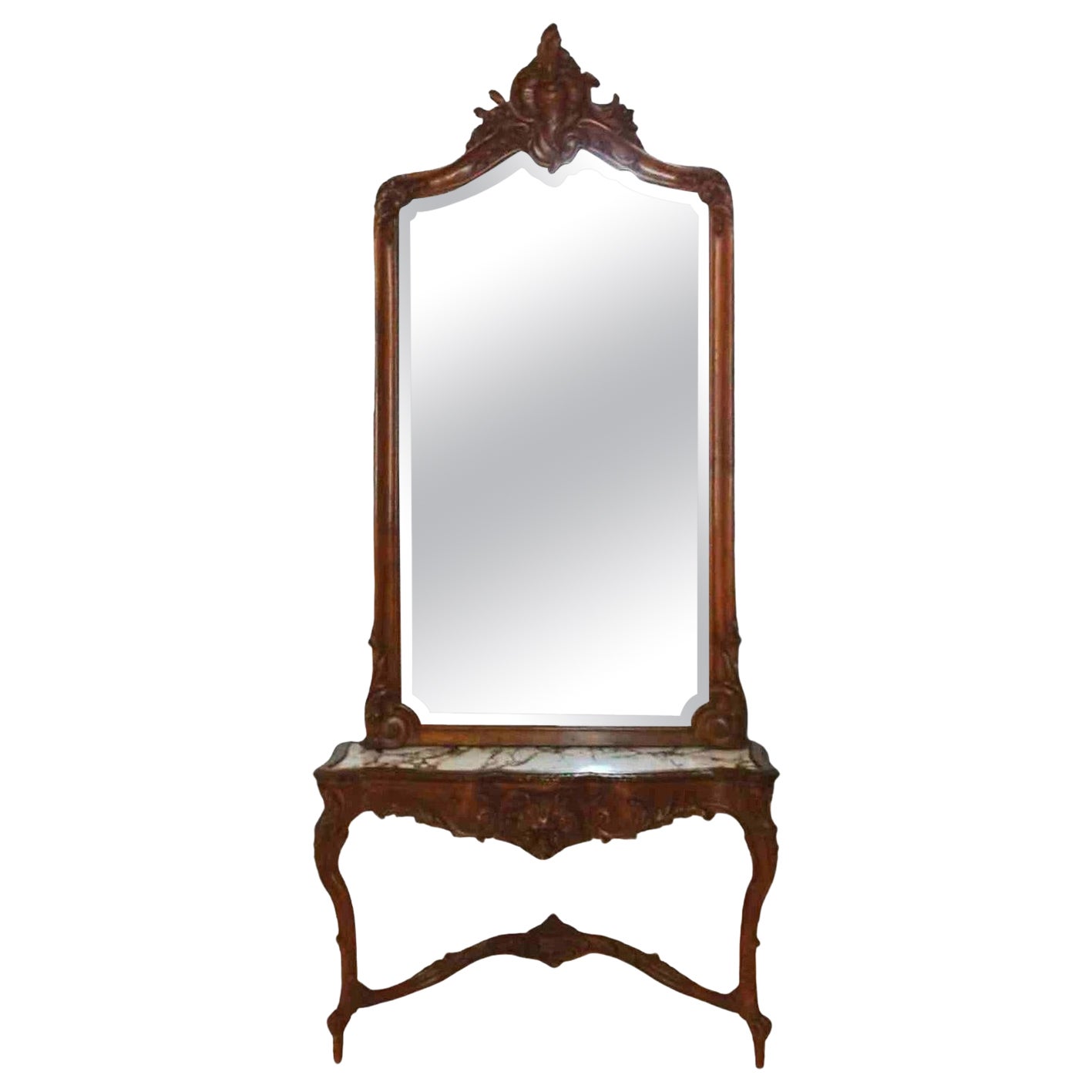 Antique French Rococo Style Carved Walnut & Marble Mirrored Console, c1880 For Sale