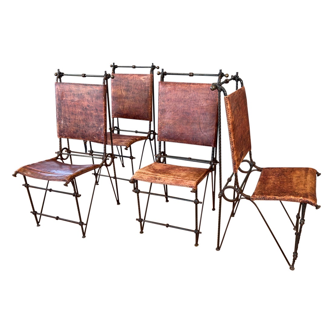 Set of 4 Ilana Goor-Attributed Brutalist Metal and Leather Dining Chairs, 1980 For Sale