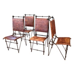 Vintage Set of 4 Ilana Goor-Attributed Brutalist Metal and Leather Dining Chairs, 1980