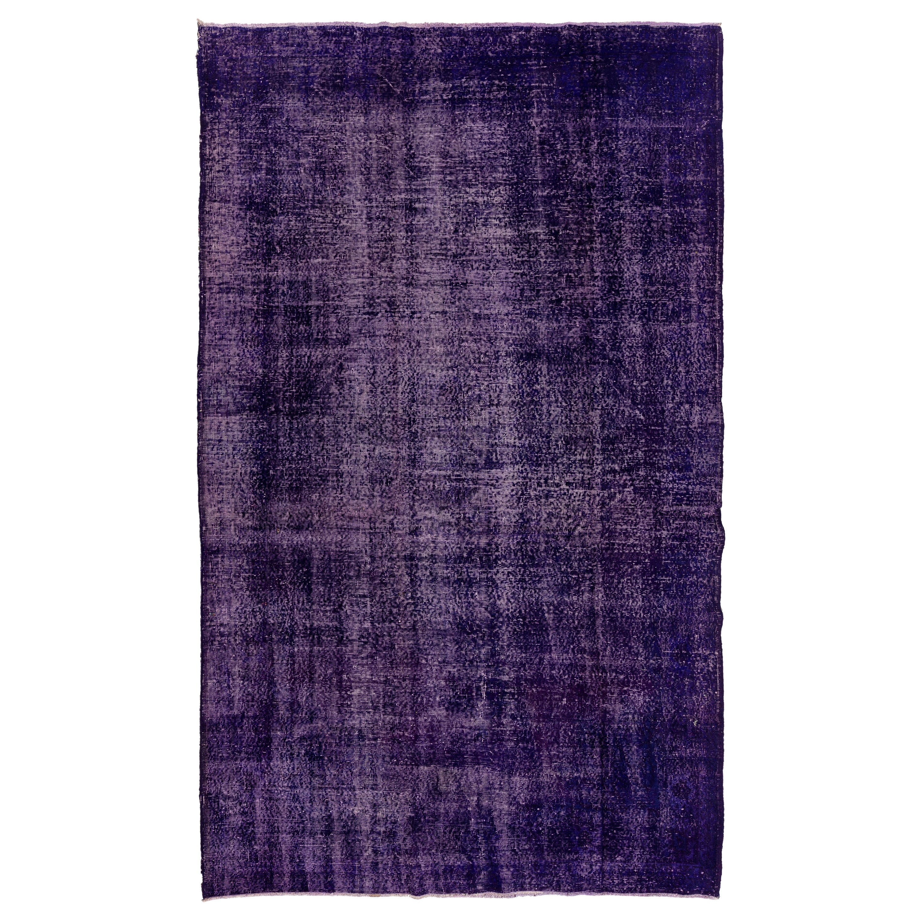 7x11.2 Ft Vintage Handmade Solid Patterned Rug, Turkish Wool Carpet in Purple  For Sale