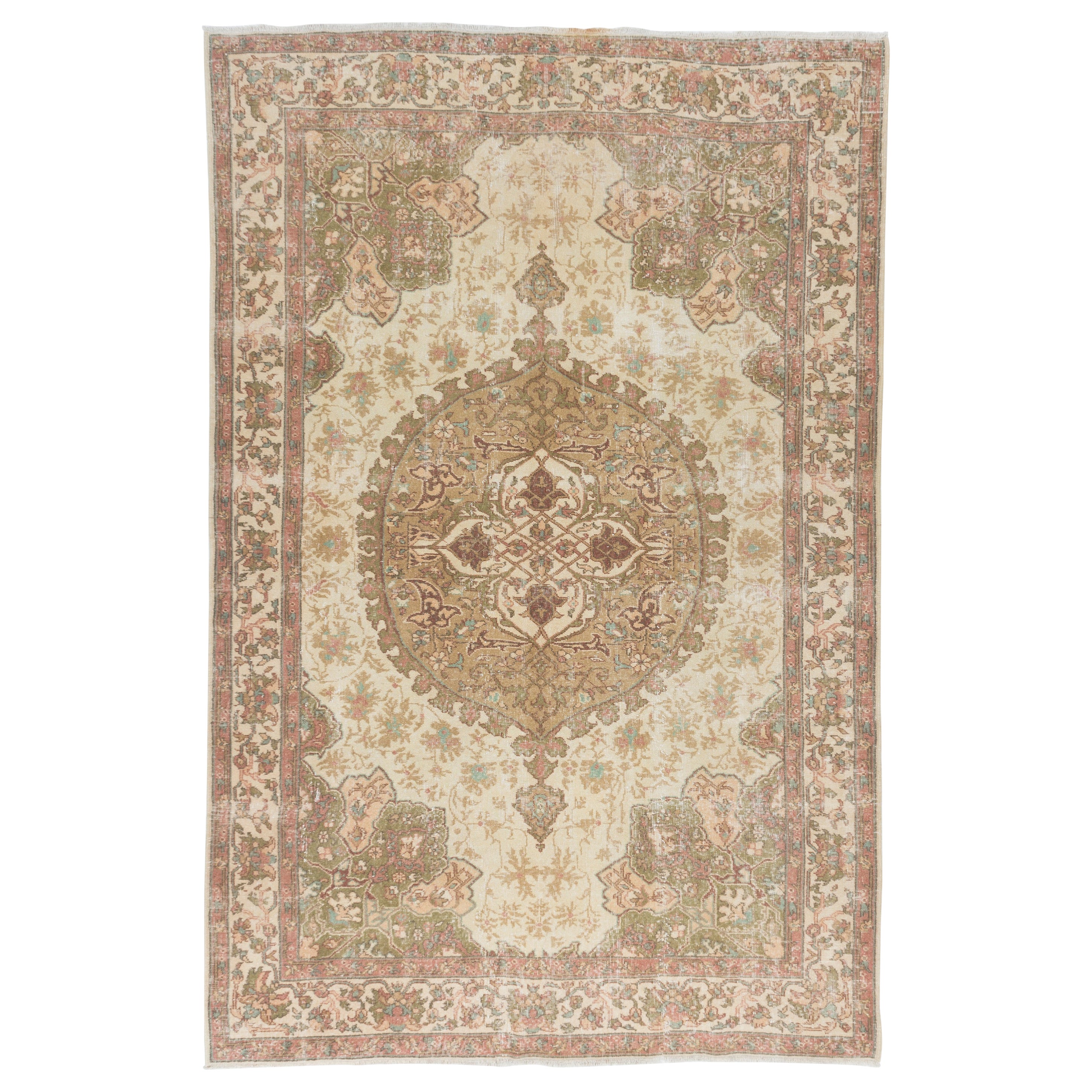 7x10.7 Ft Anatolischer Vintage-Teppich mit Medaillon-Design. Handgefertigter Teppich in Beige im Angebot