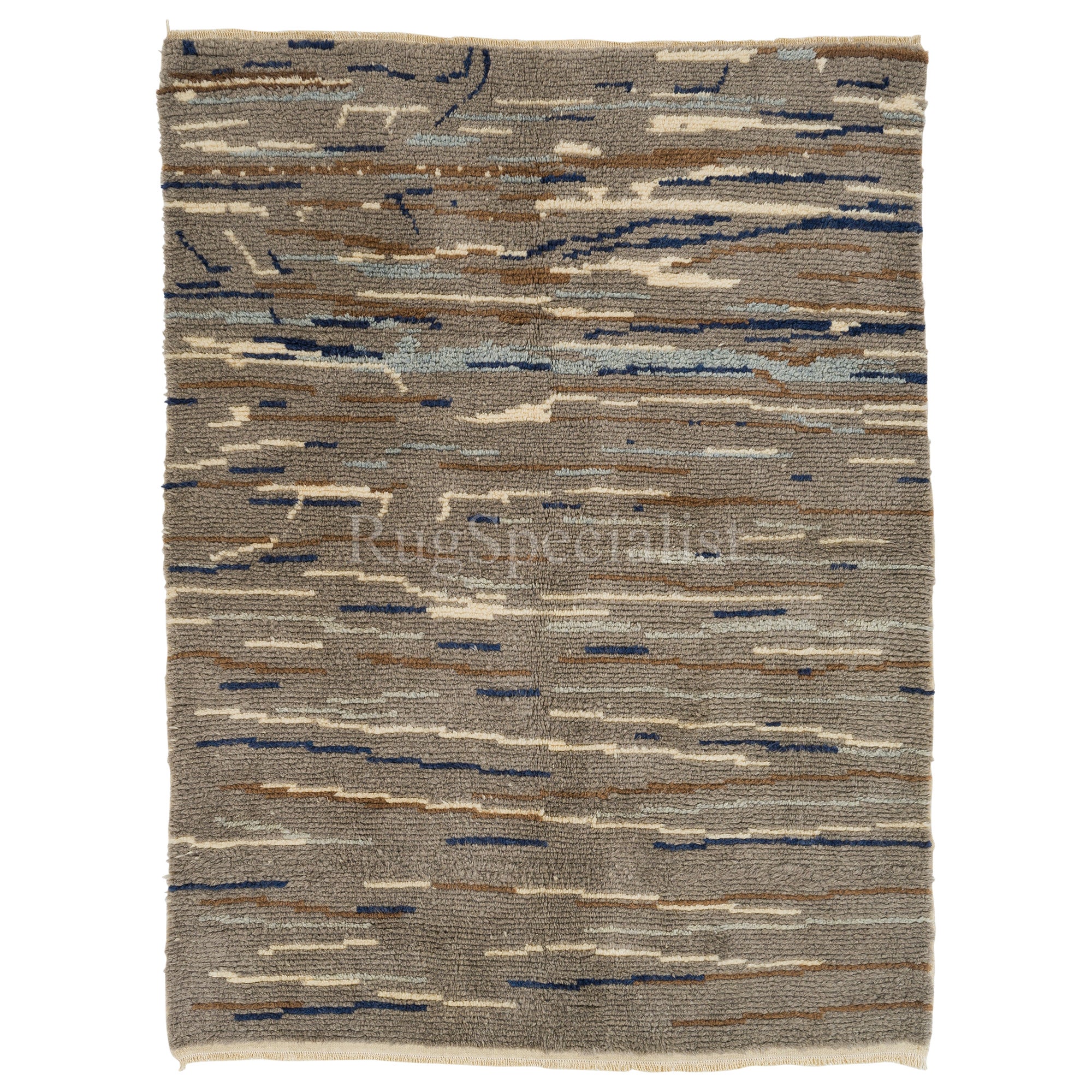 Tapis moderne en laine Tulu nouée à la main en brun taupe, bleu et ivoire, disponible sur mesure