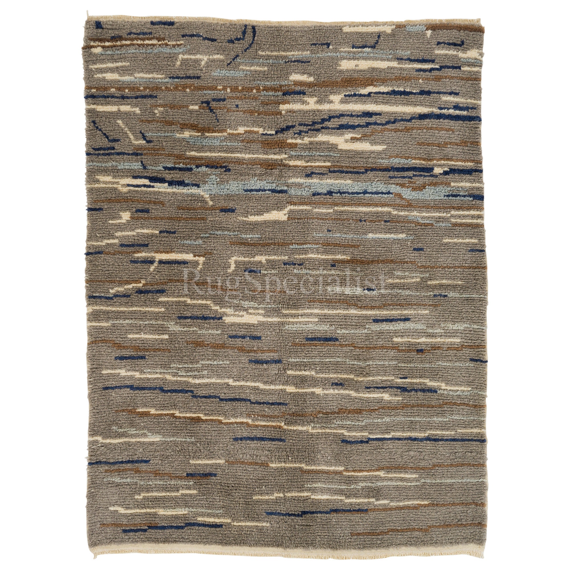 Modern Hand-knotted Tulu Wool Rug in Taupe Brown, Blue & Ivory, Custom Ops Avail For Sale