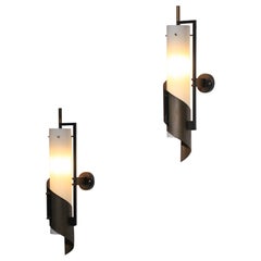 Retro Three Italian sconces from the 60's tube opaline brass and rigitulle