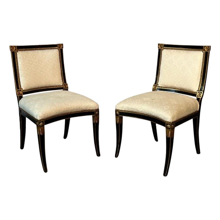 Pair of Louis XVI Maison Jansen Style Dining / Side Chairs, Ebony and Giltwood For Sale