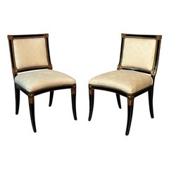 Retro Pair of Louis XVI Maison Jansen Style Dining / Side Chairs, Ebony and Giltwood