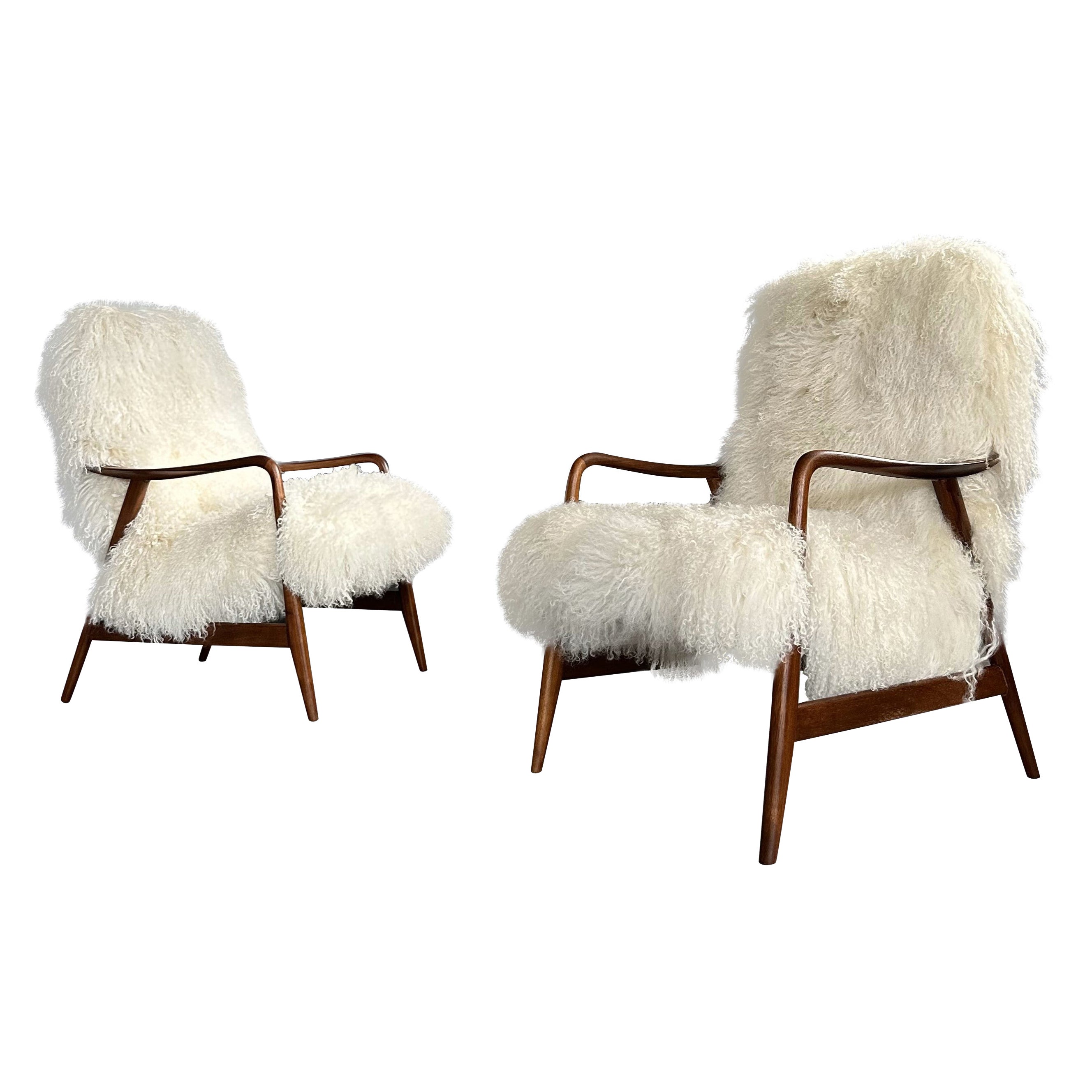 Set of 2 1950s Danish armchairs by Alf Svensson for Dux, teak and goat hair 