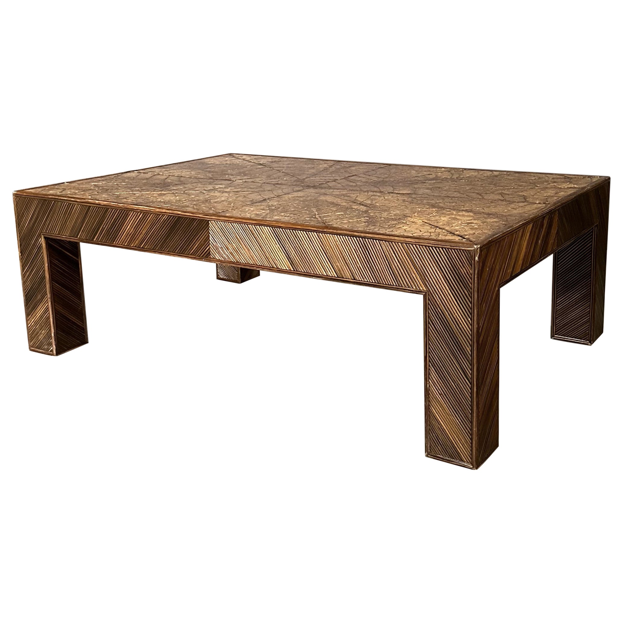 70s coffee table, in bamboo with tobacco leaf top by Arpex International For Sale