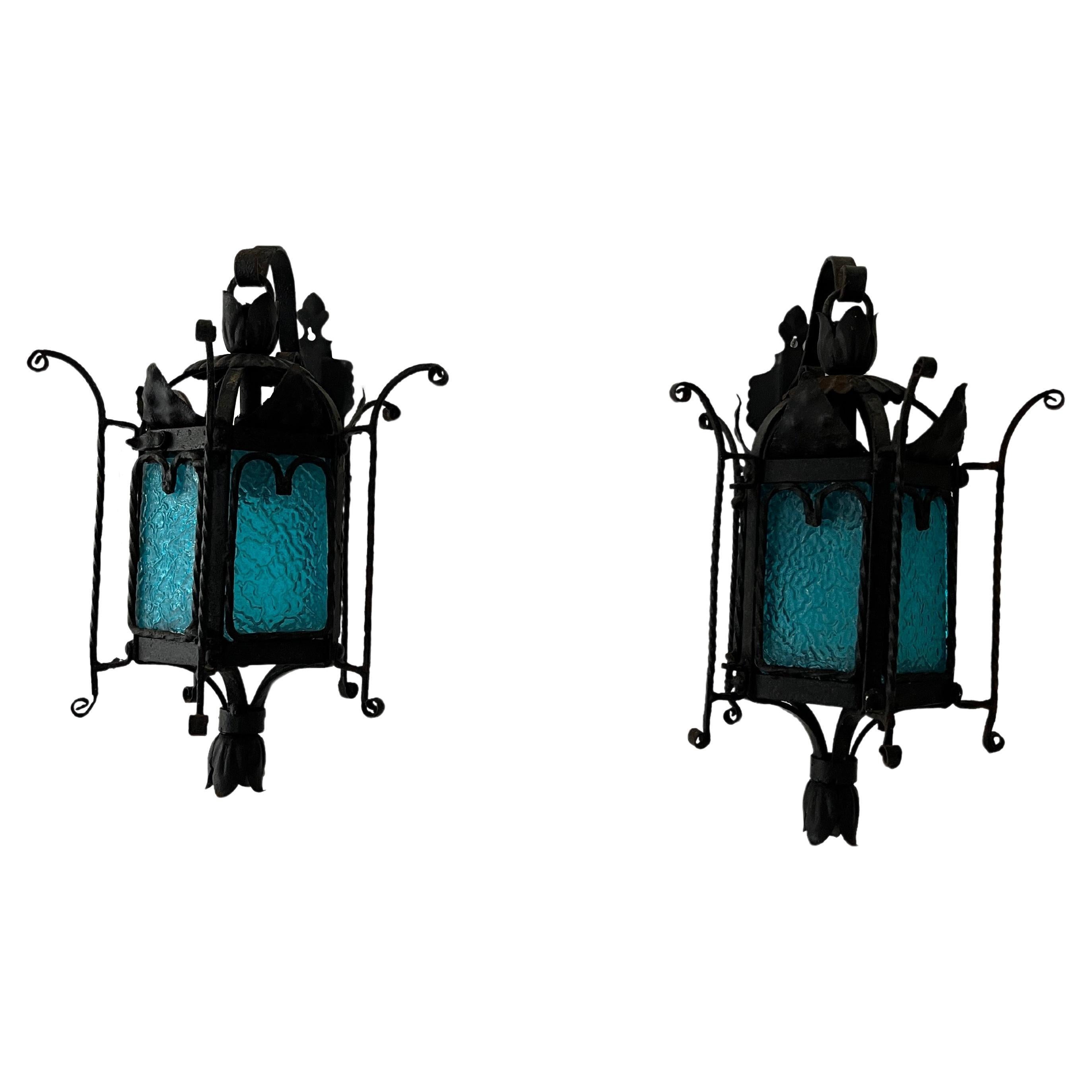 Venetian Murano Blue Aqua Glass Lanterns Wrought Iron Sconces, c 1890 For Sale