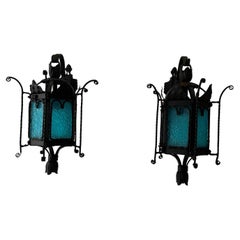 Antique Venetian Murano Blue Aqua Glass Lanterns Wrought Iron Sconces, c 1890