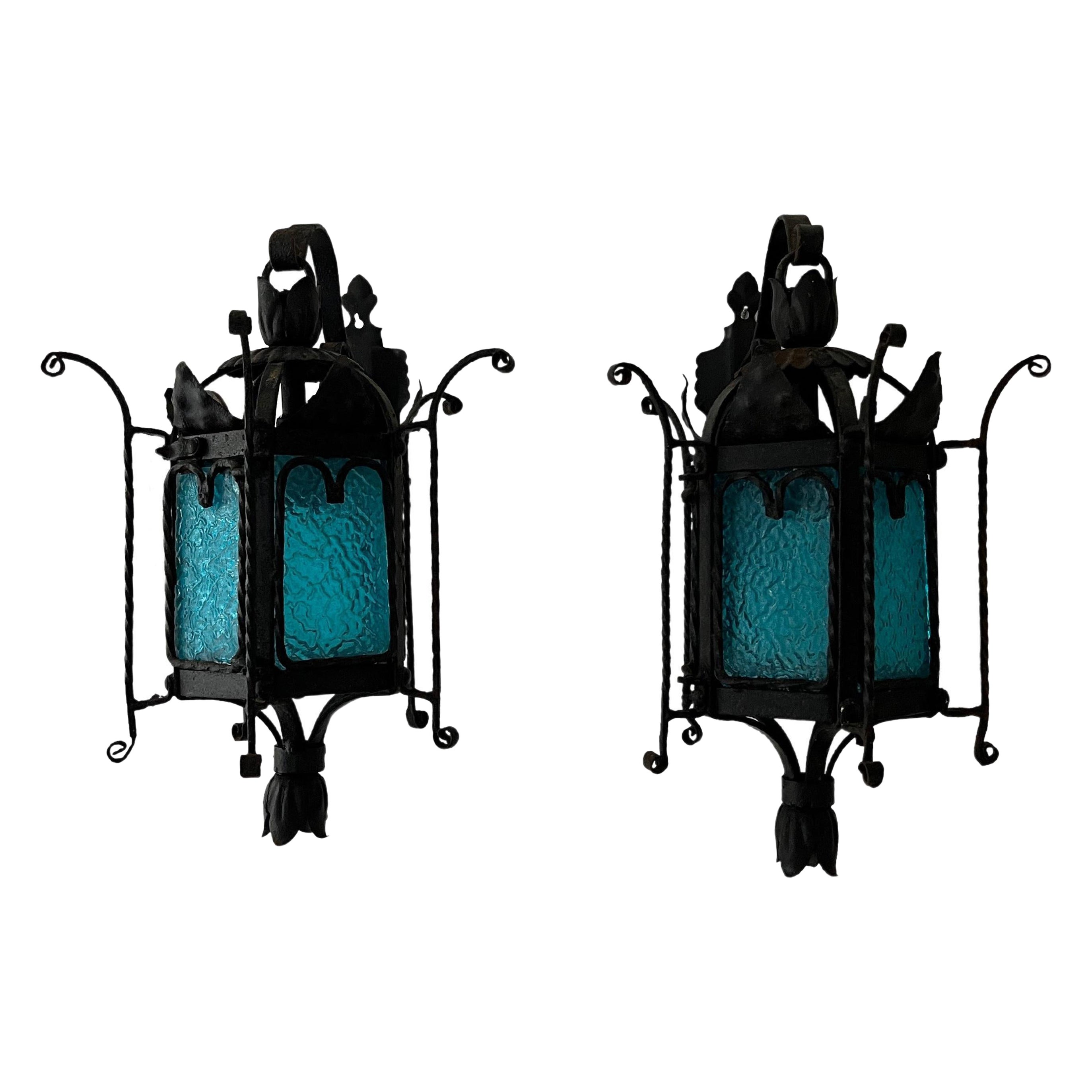 Lanternes vénitiennes de Murano en fer forgé bleu turquoise, vers 1890 en vente
