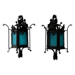 Venetian Murano Blue Aqua Glass Lanterns Wrought Iron Sconces, c 1890