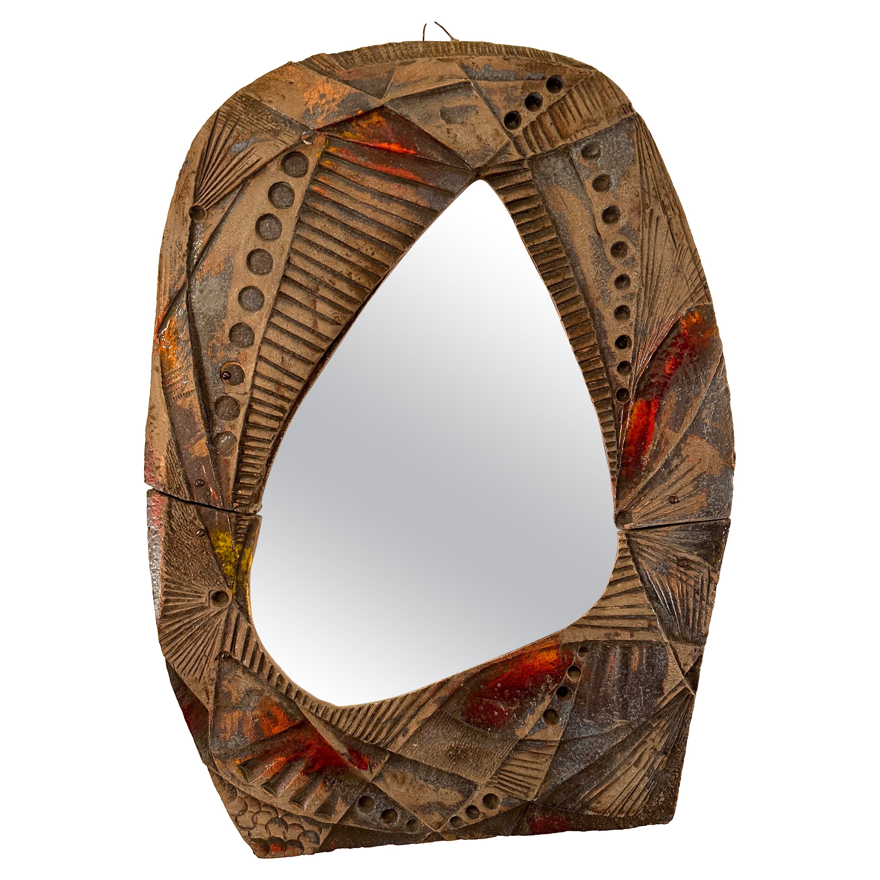 Ceramic Enameled Sculpture Mirror. Italy, 1960s For Sale