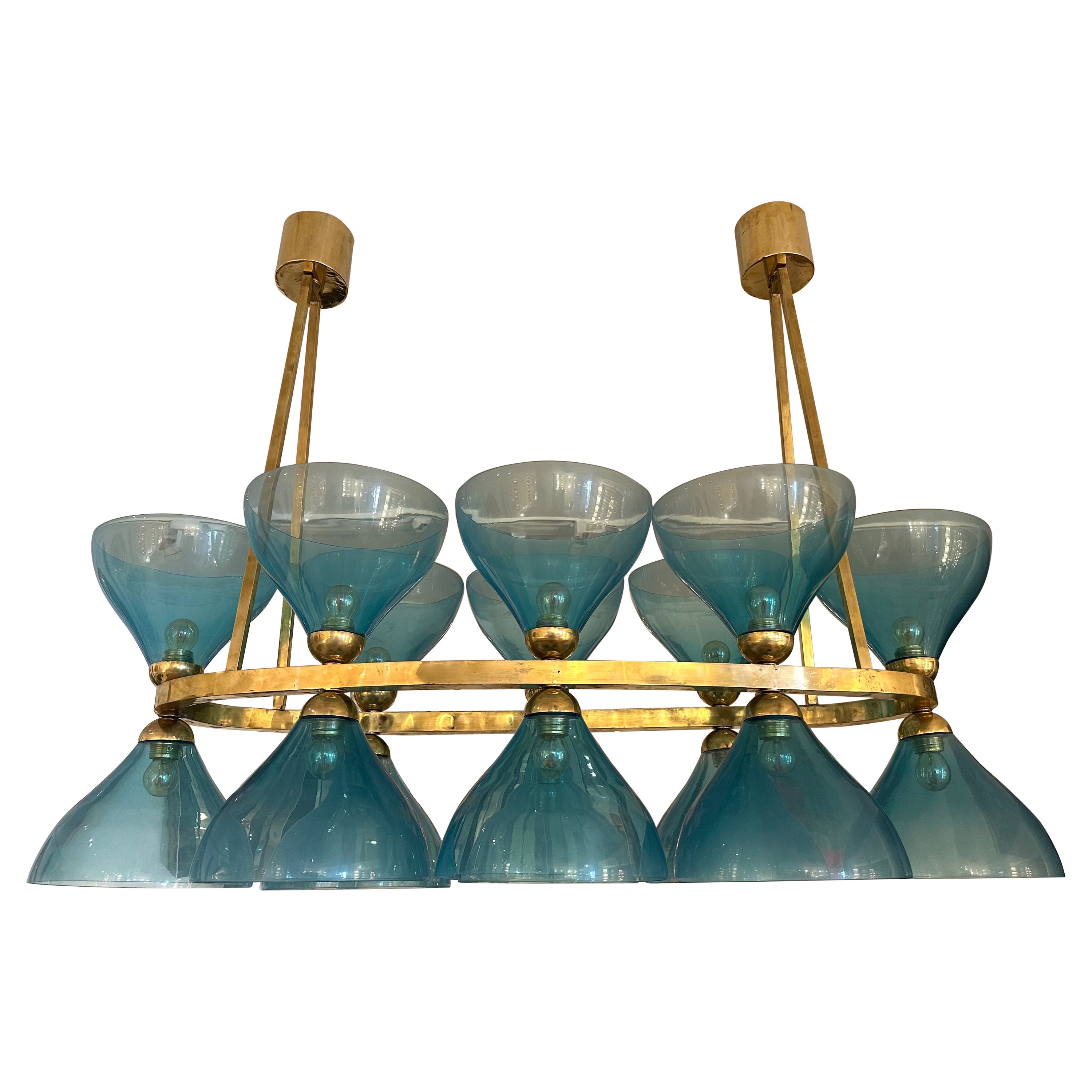 Large Contemporary Brass Chandelier Blue Murano Glass Cup, Italy For Sale