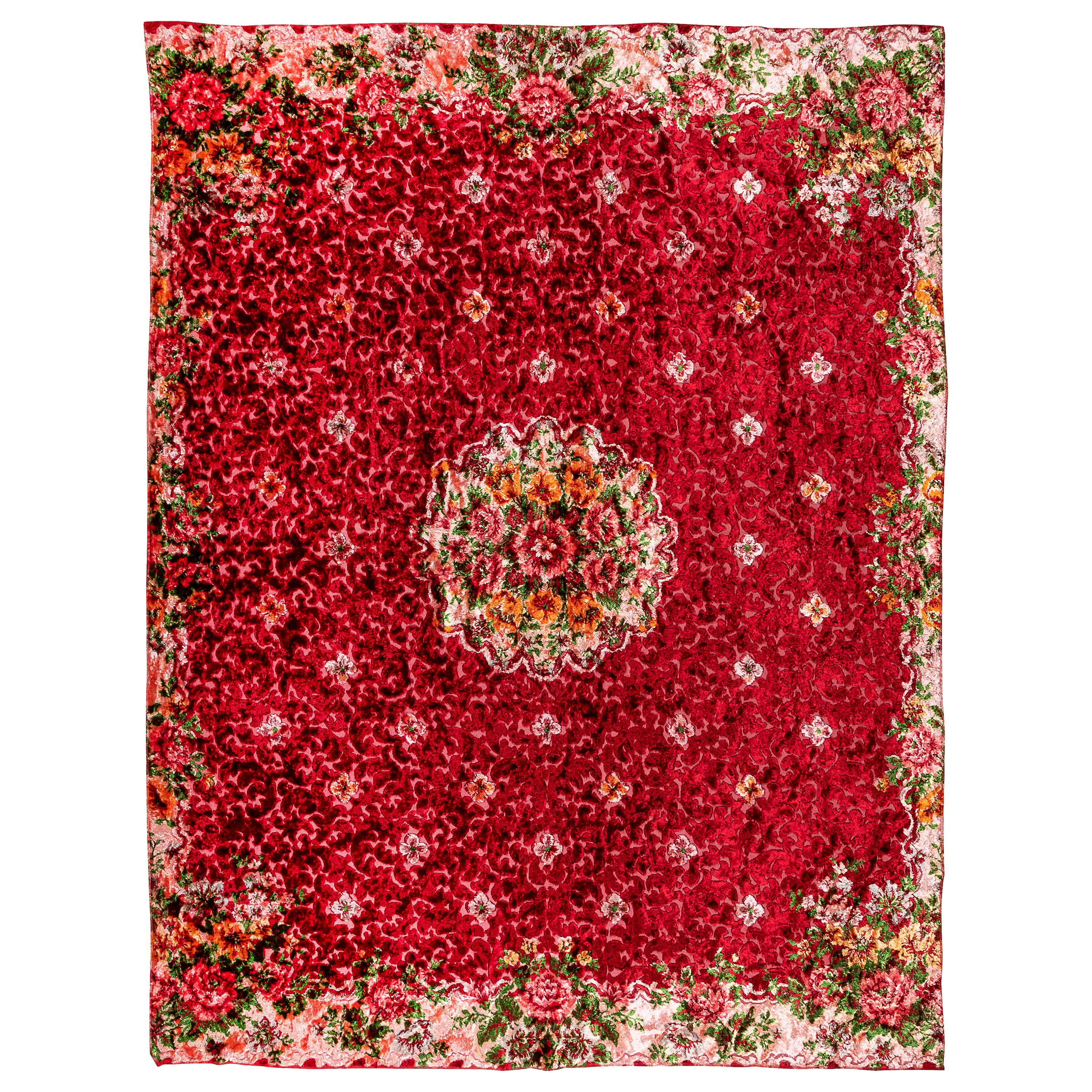 5.7x7 Ft One of a Kind Vintage Floral Design Velvet Wall Hanging, Red Bed Cover