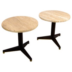 Pair of Edward Wormley for Dunbar travertine and brass pedestal side tables 