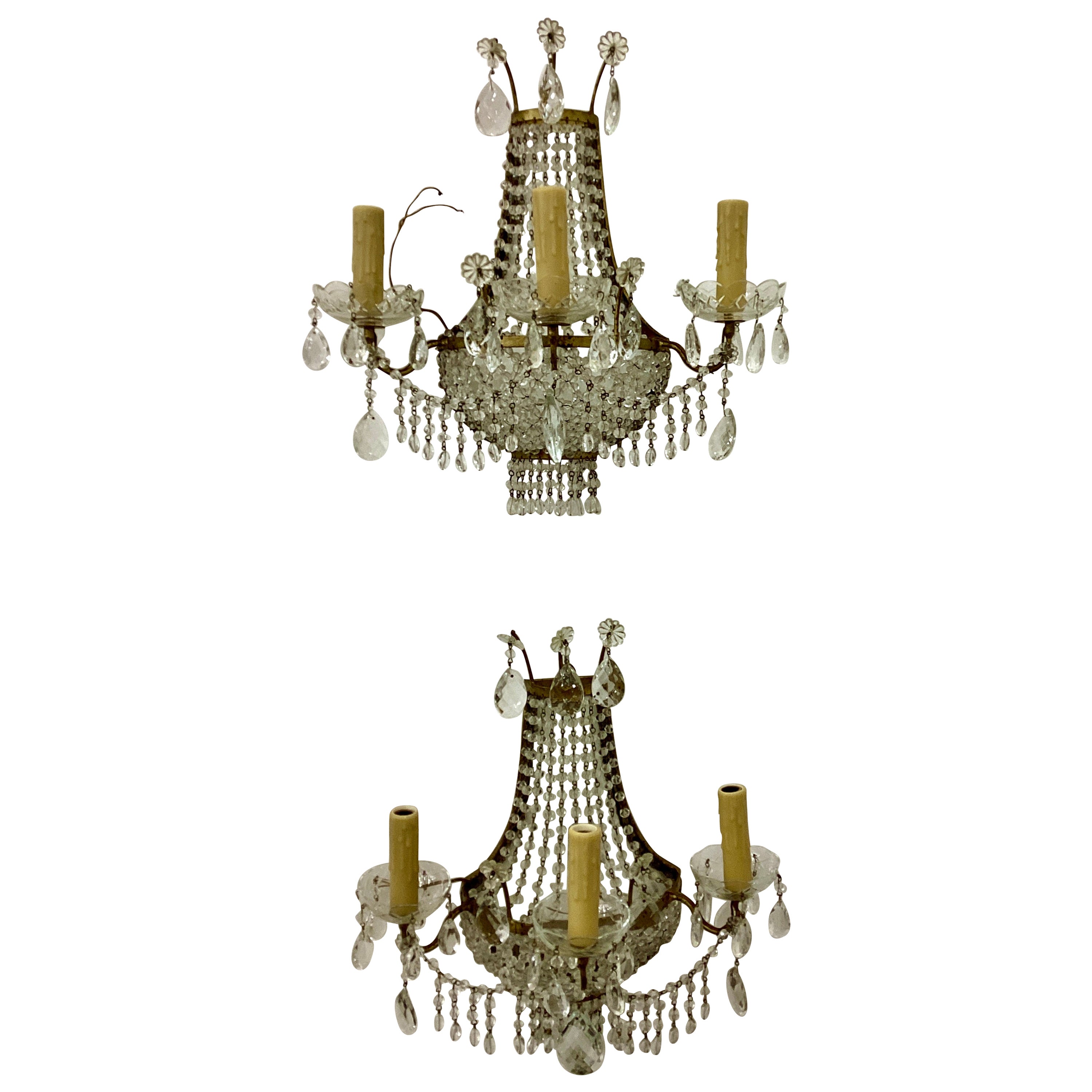 Pair of Vintage Italian Gilt Metal and Crystal Wall Sconces 